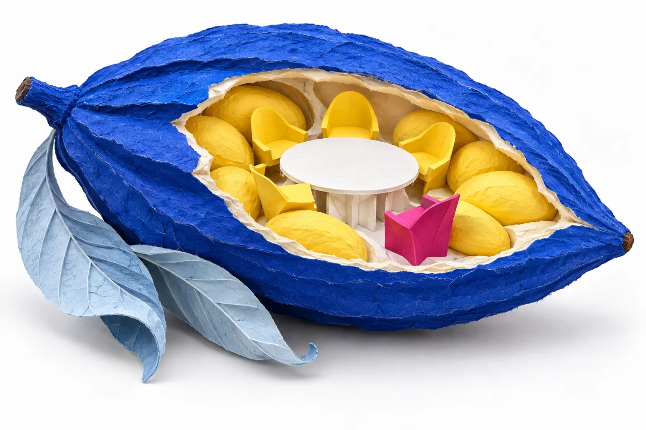 Papierillustration mit Kakaoschote und Blättern.